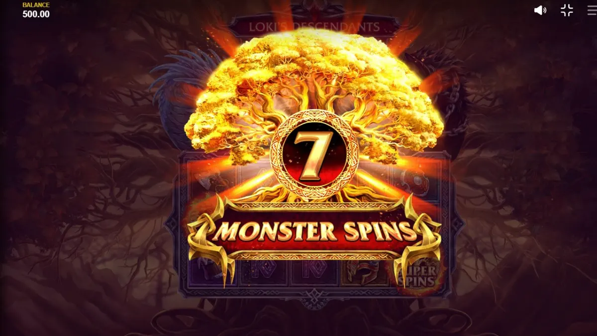Cena épica do slot Loki's Descendants com temática nórdica e símbolos de monstros