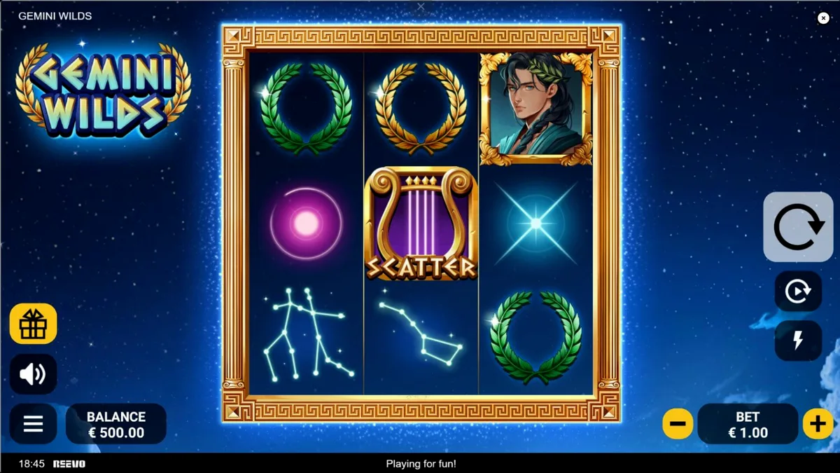 Interface do slot Gemini Wilds com tema de mitologia grega e constelações